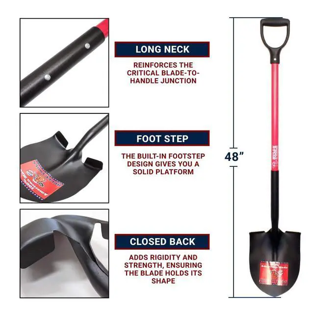 Alt view image 5 of 6 - 14-Gauge Round Point Spade Shovel with D-Grip Heavy Duty Fiberglass Handle | Metal Body Digging Shovel for Garden Landscaping, Trenching and Planting, Garden Tools, 100% Made in USA