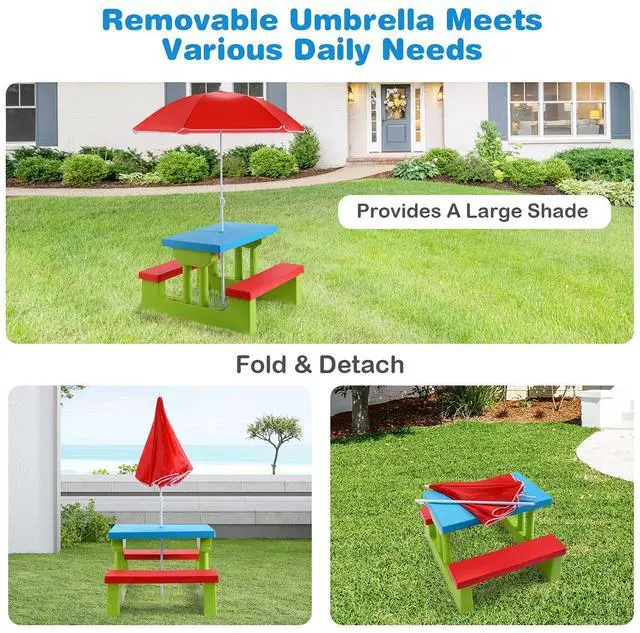 Alt view image 4 of 6 - Kids Picnic Table, Indoor & Outdoor Plastic Table and Bench with Removable Umbrella, Portable Toddler Picnic Table and Chair Set for Garden, Backyard, Patio