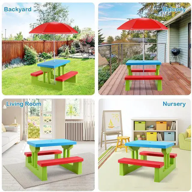 Alt view image 5 of 6 - Kids Picnic Table, Indoor & Outdoor Plastic Table and Bench with Removable Umbrella, Portable Toddler Picnic Table and Chair Set for Garden, Backyard, Patio