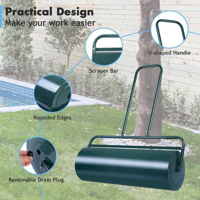 Alt view image 3 of 6 - Lawn Roller, Push/Pull/Tow Behind Water/Sand Filled Steel Sod Drum Roller with U-Shaped Handle, Yard Roller for Garden Backyard Grass, 17 Gallon/63 L, 36"x12", Green