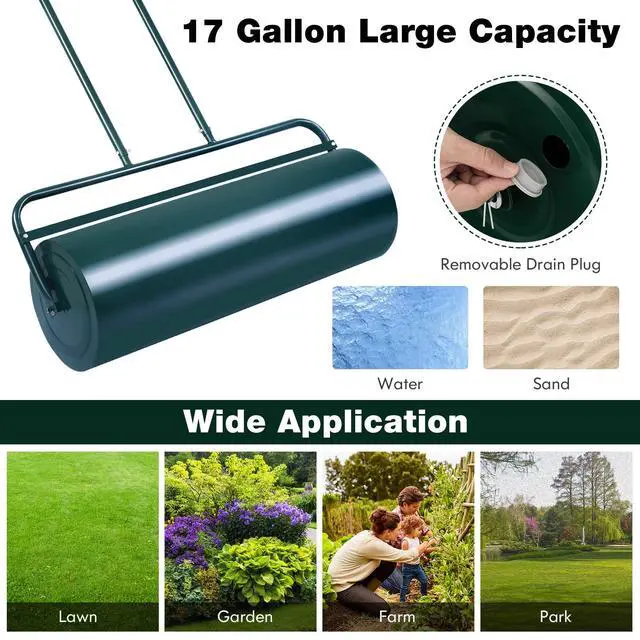 Alt view image 4 of 6 - Lawn Roller, Push/Pull/Tow Behind Water/Sand Filled Steel Sod Drum Roller with U-Shaped Handle, Yard Roller for Garden Backyard Grass, 17 Gallon/63 L, 36"x12", Green
