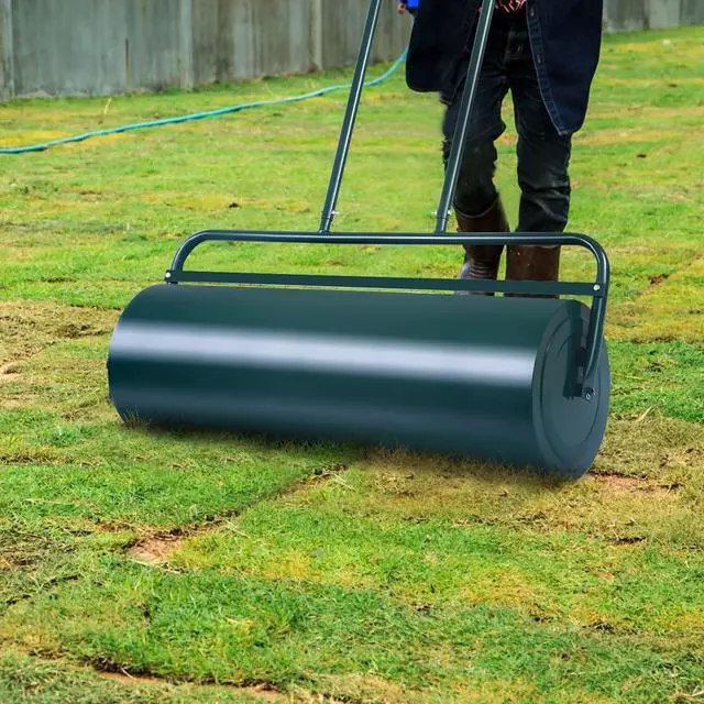 Alt view image 5 of 6 - Lawn Roller, Push/Pull/Tow Behind Water/Sand Filled Steel Sod Drum Roller with U-Shaped Handle, Yard Roller for Garden Backyard Grass, 17 Gallon/63 L, 36"x12", Green
