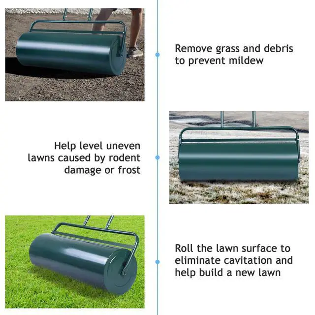 Alt view image 6 of 6 - Lawn Roller, Push/Pull/Tow Behind Water/Sand Filled Steel Sod Drum Roller with U-Shaped Handle, Yard Roller for Garden Backyard Grass, 17 Gallon/63 L, 36"x12", Green