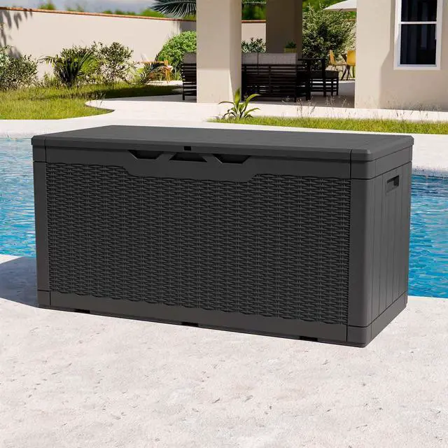 Alt view image 2 of 6 - 100 Gallon Resin Deck Box, Waterproof Large Outdoor Storage Box for Patio Furniture and Garden Tools, Black