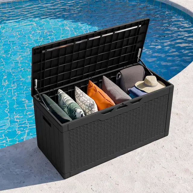 Alt view image 3 of 6 - 100 Gallon Resin Deck Box, Waterproof Large Outdoor Storage Box for Patio Furniture and Garden Tools, Black