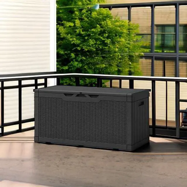 Alt view image 5 of 6 - 100 Gallon Resin Deck Box, Waterproof Large Outdoor Storage Box for Patio Furniture and Garden Tools, Black