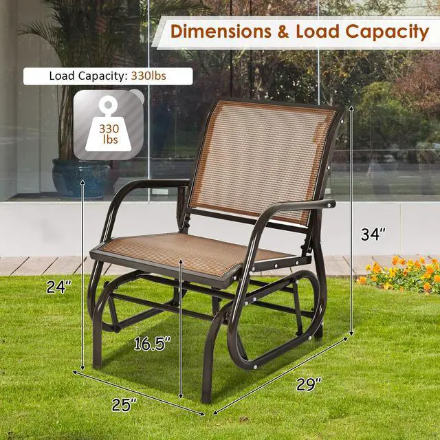 Alt view image 3 of 6 - Swing Glider Chair W/Study Metal Frame Comfortable Patio Chair Love-Seat for Garden, Porch, Backyard, Poolside, Lawn Outdoor Rocking Chair (1, Brown)