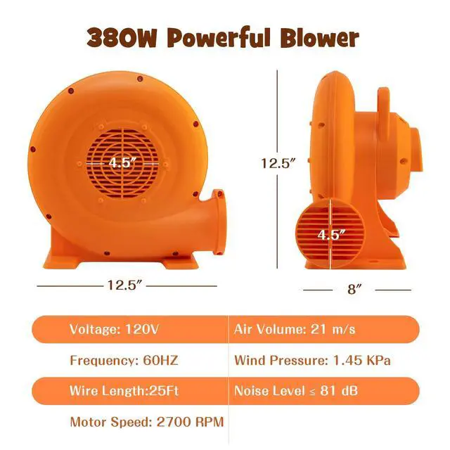 Alt view image 6 of 6 - Air Blower, 380W 0.5HP Bounce House Blower with 25 FT SJTW Wire & Stakes, IPX4 Air Blower for Inflatables, ETL, GFCI Plug, Perfect for Inflatable Bouncer Blower, Jumper, Bouncy Castle Orange