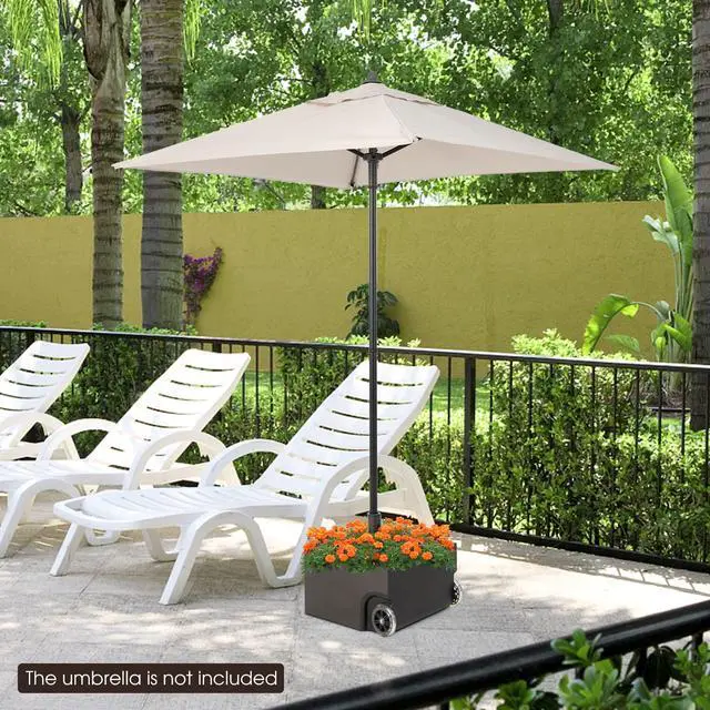Alt view image 2 of 6 - 170lbs Filled Umbrella Base with Wheels, Heavy Duty Umbrella Stand with Fillable Planter, Drainage Holes, Outdoor Market Umbrella Holder for Patio Garden Deck Pool (Dark Brown)