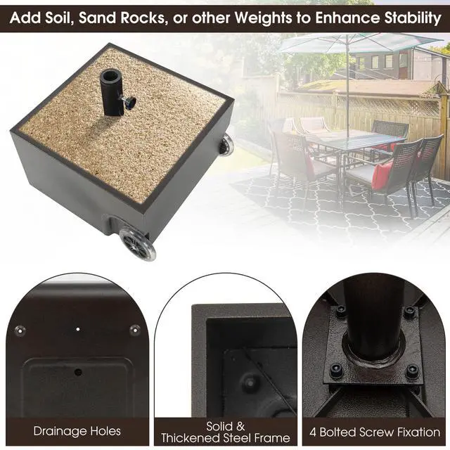 Alt view image 3 of 6 - 170lbs Filled Umbrella Base with Wheels, Heavy Duty Umbrella Stand with Fillable Planter, Drainage Holes, Outdoor Market Umbrella Holder for Patio Garden Deck Pool (Dark Brown)
