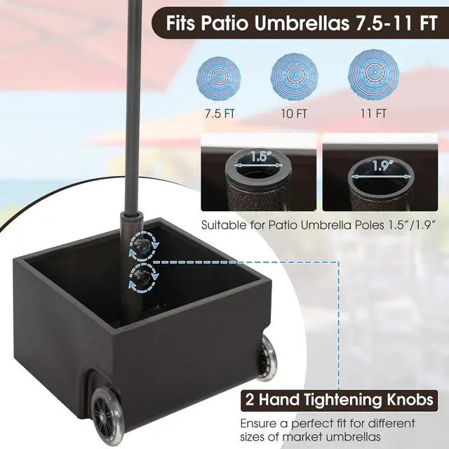 Alt view image 4 of 6 - 170lbs Filled Umbrella Base with Wheels, Heavy Duty Umbrella Stand with Fillable Planter, Drainage Holes, Outdoor Market Umbrella Holder for Patio Garden Deck Pool (Dark Brown)
