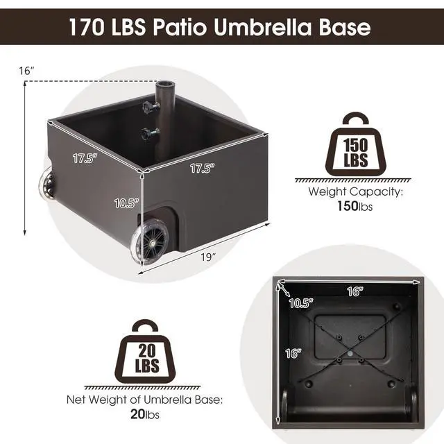 Alt view image 6 of 6 - 170lbs Filled Umbrella Base with Wheels, Heavy Duty Umbrella Stand with Fillable Planter, Drainage Holes, Outdoor Market Umbrella Holder for Patio Garden Deck Pool (Dark Brown)