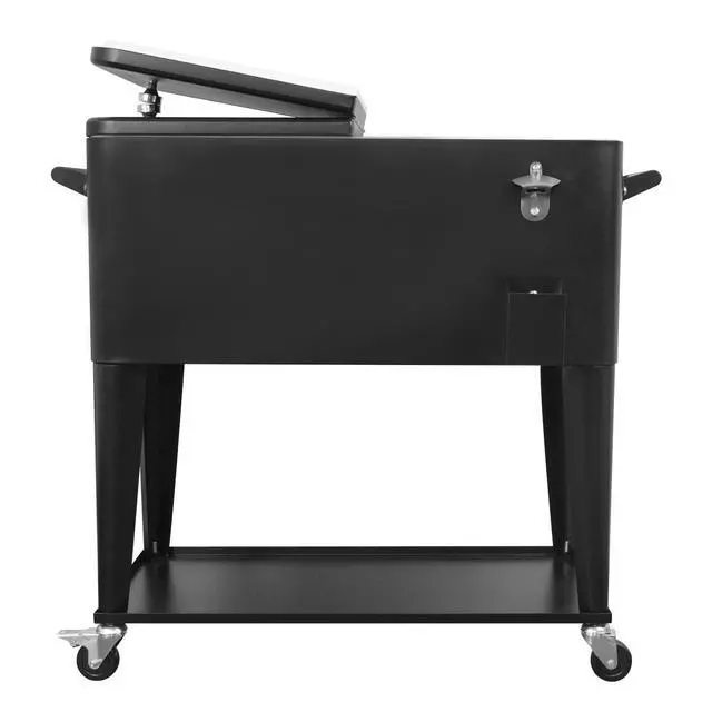 Alt view image 2 of 6 - Portable Rolling Cooler Cart 80 Quart Ice Chest Cart Trolley Rolling Cooler with Wheels, Outdoor Beverage Ice Chest for Patio with Shelf, Water Pipe and Bottle Opener