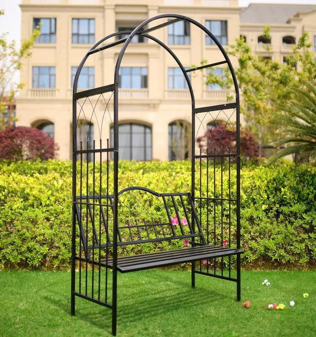 Alt view image 4 of 6 - Steel Garden Arch with Seat for 2 People, 6'9" High x 3'9" Wide, Garden Arbor for Various Climbing Plant, Outdoor Garden Lawn Backyard