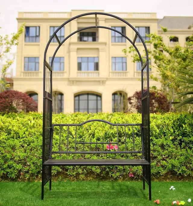Alt view image 5 of 6 - Steel Garden Arch with Seat for 2 People, 6'9" High x 3'9" Wide, Garden Arbor for Various Climbing Plant, Outdoor Garden Lawn Backyard