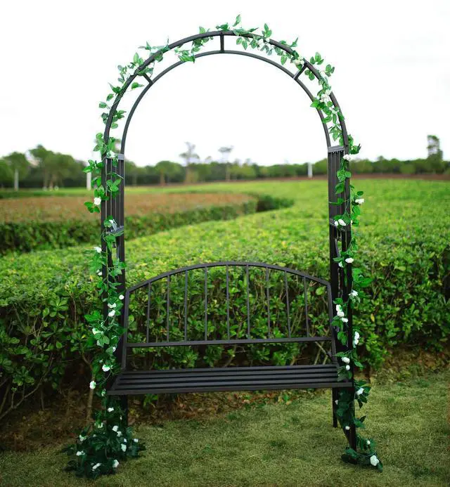 Alt view image 6 of 6 - Steel Garden Arch with Seat for 2 People, 6'9" High x 3'9" Wide, Garden Arbor for Various Climbing Plant, Outdoor Garden Lawn Backyard