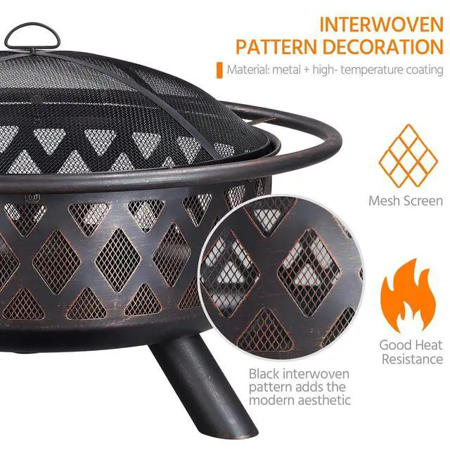Alt view image 4 of 6 - Fire Pit 36in Outdoor Wood Burning Fire Pits Wood Large Fire Bowl for Outside BBQ Bonfire Patio with Mesh Spark Screen, Poker and Rain Cover