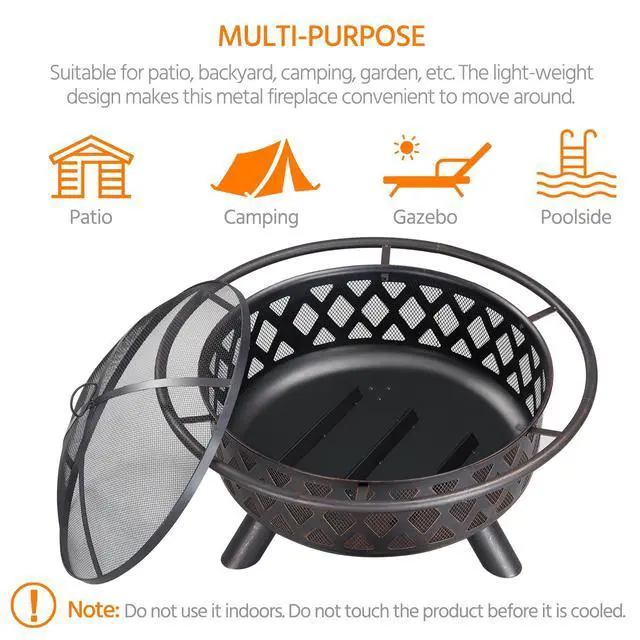 Alt view image 5 of 6 - Fire Pit 36in Outdoor Wood Burning Fire Pits Wood Large Fire Bowl for Outside BBQ Bonfire Patio with Mesh Spark Screen, Poker and Rain Cover