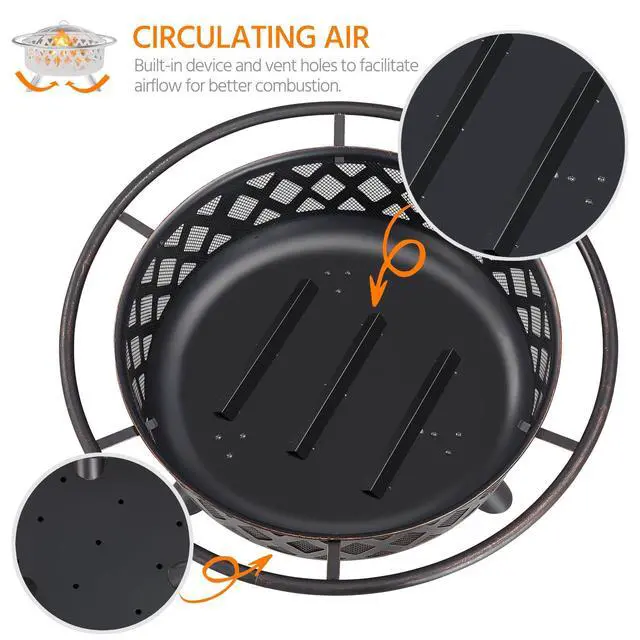 Alt view image 6 of 6 - Fire Pit 36in Outdoor Wood Burning Fire Pits Wood Large Fire Bowl for Outside BBQ Bonfire Patio with Mesh Spark Screen, Poker and Rain Cover