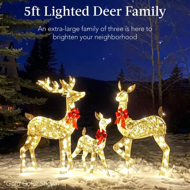 Alt view image 2 of 6 - 3-Piece Large Lighted Christmas Deer Family Set 5Ft Outdoor Yard Decoration with 360 LED Lights, Stakes, Zip Ties - Iridescent