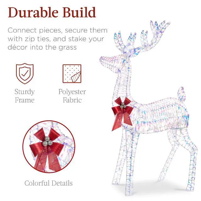 Alt view image 4 of 6 - 3-Piece Large Lighted Christmas Deer Family Set 5Ft Outdoor Yard Decoration with 360 LED Lights, Stakes, Zip Ties - Iridescent