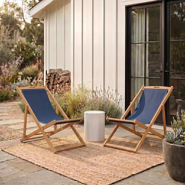 Alt view image 2 of 6 - Outdoor - Loren Folding Sling Chair Set of 2 - Brown & Navy - Solid Wood Frame - Portable Bistro Design - Ideal for Patio, Deck, Poolside, Backyard, 24" W x 43" D x 25" H (PAT7040D-SET2)