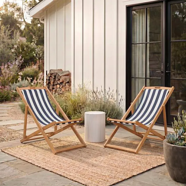 Alt view image 2 of 6 - Outdoor - Loren Folding Sling Chair Set of 2 - Natural & Navy Stripe - Solid Wood Frame - Portable Bistro Design - Ideal for Patio, Poolside, Backyard, 24" W x 43" D x 25" H (PAT7040A-SET2)