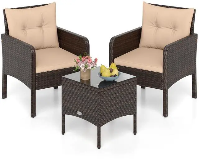 Main image of 3 Pieces Patio PE Wicker Furniture Set, Outdoor Bistro Conversation Set with Cushions and Tempered Glass Coffee Table, Outside Rattan Table and Chairs for Porch (Beige)