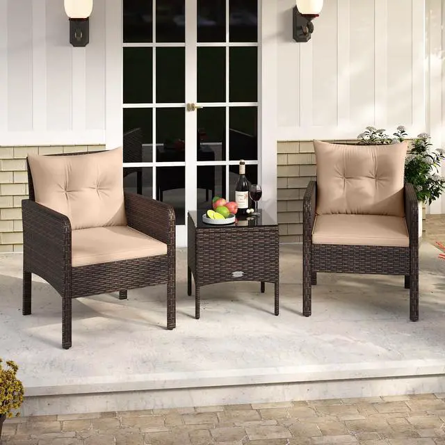 Alt view image 2 of 6 - 3 Pieces Patio PE Wicker Furniture Set, Outdoor Bistro Conversation Set with Cushions and Tempered Glass Coffee Table, Outside Rattan Table and Chairs for Porch (Beige)