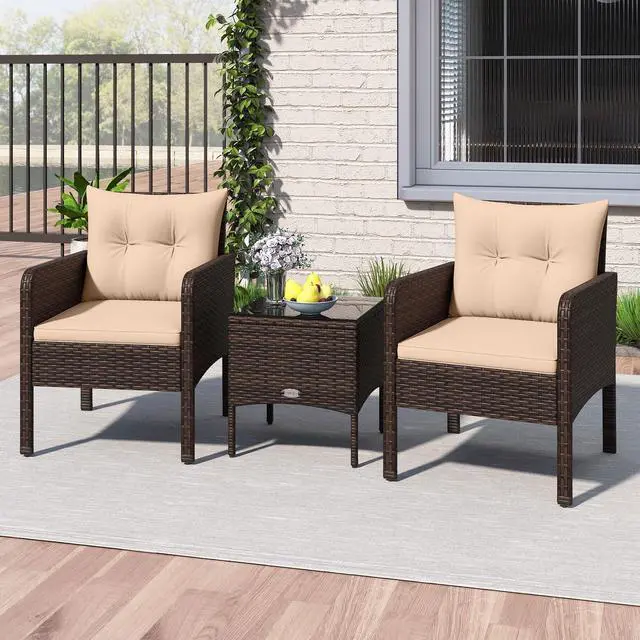 Alt view image 3 of 6 - 3 Pieces Patio PE Wicker Furniture Set, Outdoor Bistro Conversation Set with Cushions and Tempered Glass Coffee Table, Outside Rattan Table and Chairs for Porch (Beige)