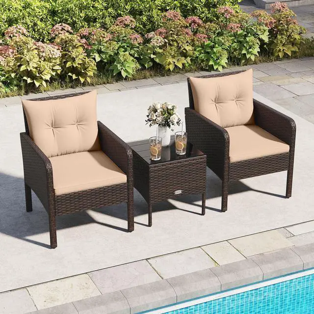 Alt view image 4 of 6 - 3 Pieces Patio PE Wicker Furniture Set, Outdoor Bistro Conversation Set with Cushions and Tempered Glass Coffee Table, Outside Rattan Table and Chairs for Porch (Beige)