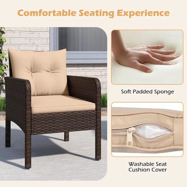 Alt view image 5 of 6 - 3 Pieces Patio PE Wicker Furniture Set, Outdoor Bistro Conversation Set with Cushions and Tempered Glass Coffee Table, Outside Rattan Table and Chairs for Porch (Beige)