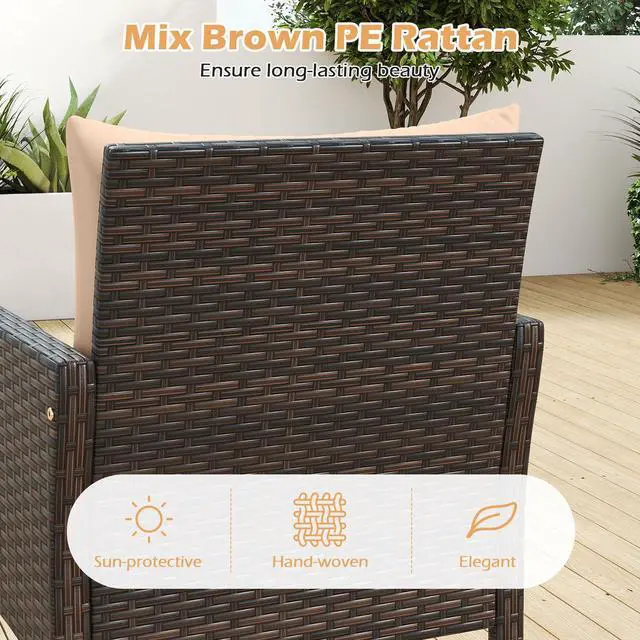 Alt view image 6 of 6 - 3 Pieces Patio PE Wicker Furniture Set, Outdoor Bistro Conversation Set with Cushions and Tempered Glass Coffee Table, Outside Rattan Table and Chairs for Porch (Beige)
