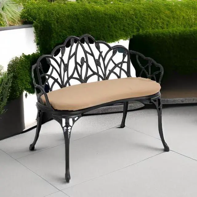 Alt view image 2 of 6 - Outdoor Patio Bench, Garden Benches with Cushion All-Weather Cast Aluminum Extra Loveseat for Lawn Front Porch Path Yard Decor Deck Furniture Black
