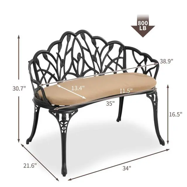 Alt view image 3 of 6 - Outdoor Patio Bench, Garden Benches with Cushion All-Weather Cast Aluminum Extra Loveseat for Lawn Front Porch Path Yard Decor Deck Furniture Black