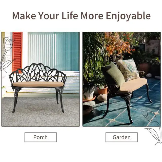 Alt view image 4 of 6 - Outdoor Patio Bench, Garden Benches with Cushion All-Weather Cast Aluminum Extra Loveseat for Lawn Front Porch Path Yard Decor Deck Furniture Black