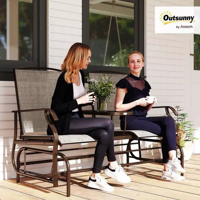 Alt view image 2 of 6 - Outdoor Glider Bench with Center Table, Metal Frame Patio Loveseat with Breathable Mesh Fabric and Armrests for Backyard Garden Porch, Brown