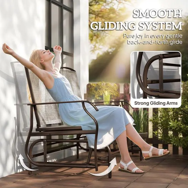 Alt view image 3 of 6 - Outdoor Glider Bench with Center Table, Metal Frame Patio Loveseat with Breathable Mesh Fabric and Armrests for Backyard Garden Porch, Brown