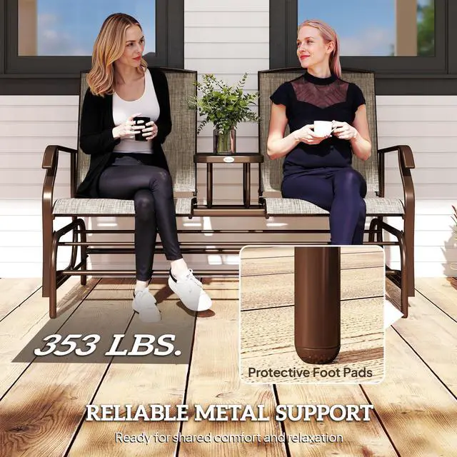 Alt view image 6 of 6 - Outdoor Glider Bench with Center Table, Metal Frame Patio Loveseat with Breathable Mesh Fabric and Armrests for Backyard Garden Porch, Brown