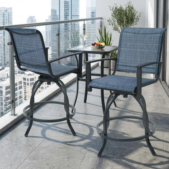 Main image of Outdoor Swivel Bar Stools Set of 2, 360° Swivel Counter-Height Patio Bar Chairs with High Back, Powder-Coated Steel Frame & Textilene Fabric for Backyard, Balcony, Kitchen Island Navy Blue