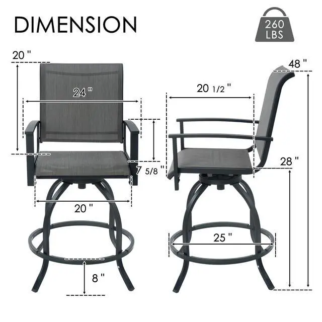 Alt view image 2 of 6 - Outdoor Swivel Bar Stools Set of 2, 360° Swivel Counter-Height Patio Bar Chairs with High Back, Powder-Coated Steel Frame & Textilene Fabric for Backyard, Balcony, Kitchen Island Gray