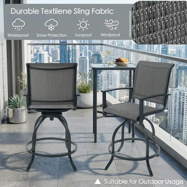 Alt view image 4 of 6 - Outdoor Swivel Bar Stools Set of 2, 360° Swivel Counter-Height Patio Bar Chairs with High Back, Powder-Coated Steel Frame & Textilene Fabric for Backyard, Balcony, Kitchen Island Gray