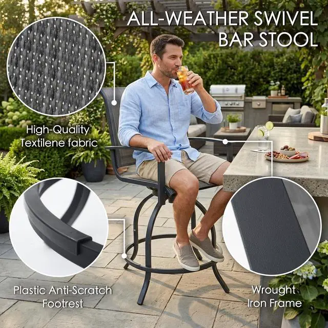 Alt view image 5 of 6 - Outdoor Swivel Bar Stools Set of 2, 360° Swivel Counter-Height Patio Bar Chairs with High Back, Powder-Coated Steel Frame & Textilene Fabric for Backyard, Balcony, Kitchen Island Gray