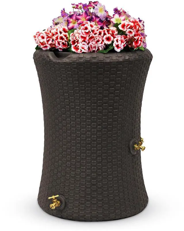 Main image of Impressions 50 Gallon Nantucket Outdoor Home Rain Barrel Water Storage Collector with Garden Planter and Brass Spigot, Dark Brown