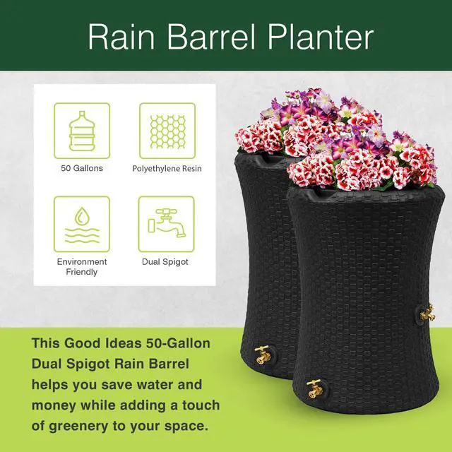 Alt view image 2 of 6 - Impressions 50 Gallon Nantucket Outdoor Home Rain Barrel Water Storage Collector with Garden Planter and Brass Spigot, Dark Brown
