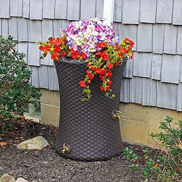Alt view image 4 of 6 - Impressions 50 Gallon Nantucket Outdoor Home Rain Barrel Water Storage Collector with Garden Planter and Brass Spigot, Dark Brown