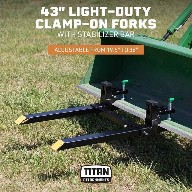 Alt view image 2 of 6 - Light-Duty 43" Clamp-On Pallet Forks with Adjustable Stabilizer Bar, 30" x 3" Fork Length, Rated 1,500 LB, Easy to Install on Loader or Skid Steer Bucket