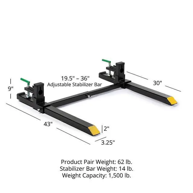 Alt view image 6 of 6 - Light-Duty 43" Clamp-On Pallet Forks with Adjustable Stabilizer Bar, 30" x 3" Fork Length, Rated 1,500 LB, Easy to Install on Loader or Skid Steer Bucket