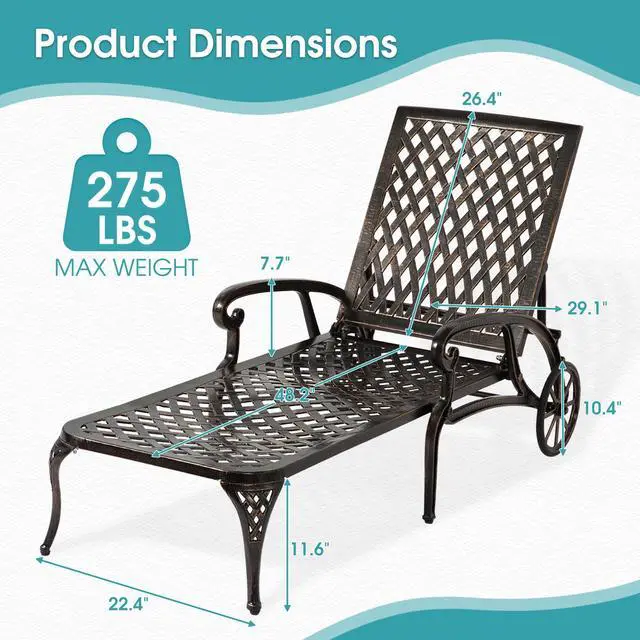 Alt view image 2 of 6 - Chaise Lounge Chair Outdoor, Poolside Lounger Outside Cast Aluminum Tanning Chairs with Adjustable Backrest and Moveable Wheels, Bronze