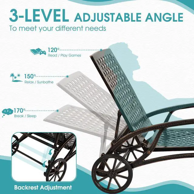Alt view image 3 of 6 - Chaise Lounge Chair Outdoor, Poolside Lounger Outside Cast Aluminum Tanning Chairs with Adjustable Backrest and Moveable Wheels, Bronze
